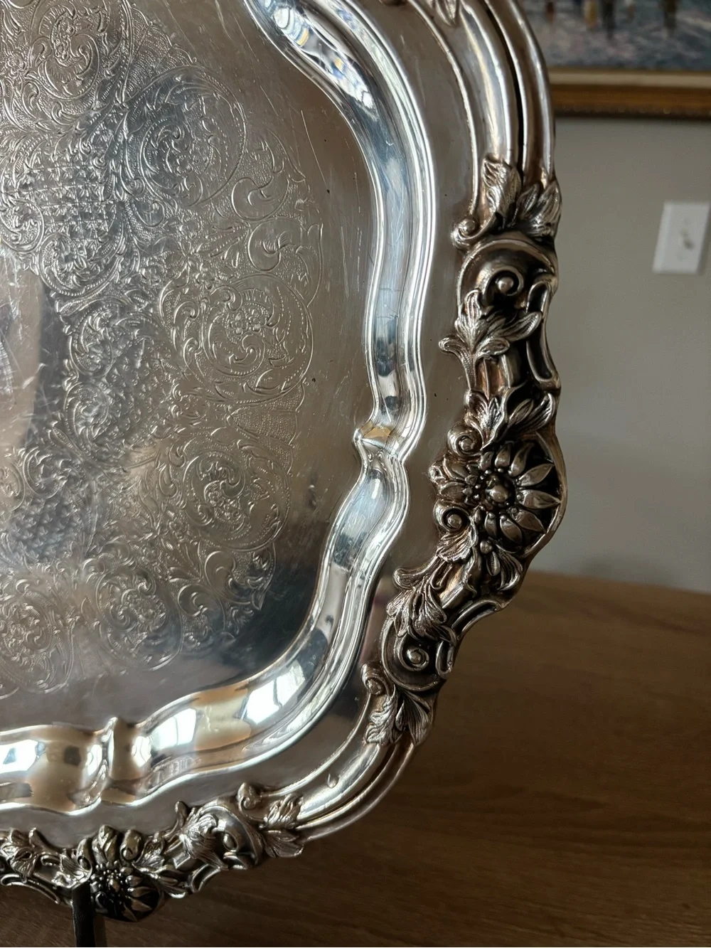 Ornate FB Rogers Silver Serving Tray - Floral Border with Feet - 17in x 17in - Picture 2 of 9